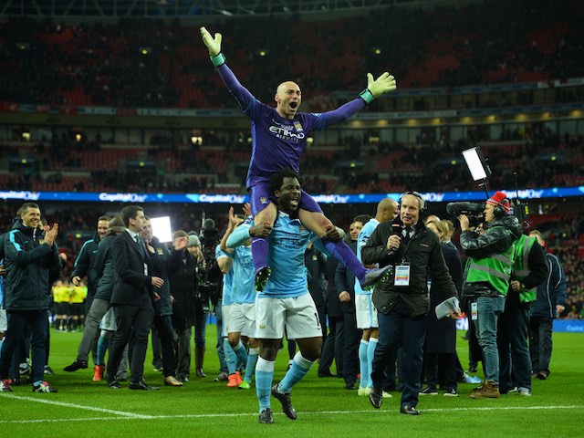 Willy Caballero rides Wilfried Bony during the League Cup final between Liverpool and Manchester City on February 28, 2016