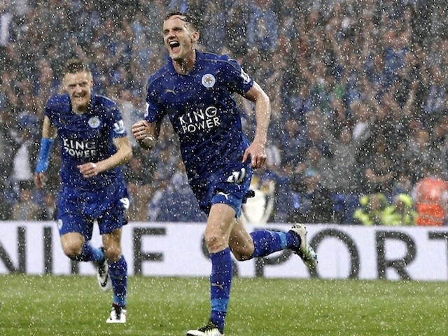 Andy King celebrates after scoring for Leicester City against Everton on May 7, 2016