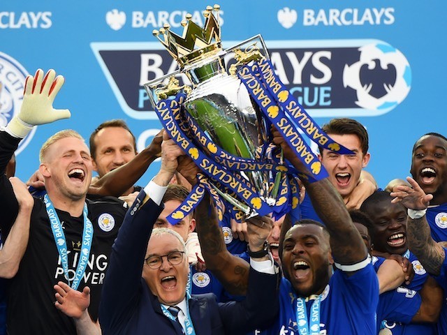 Leicester City lift the Premier League trophy on May 7, 2016