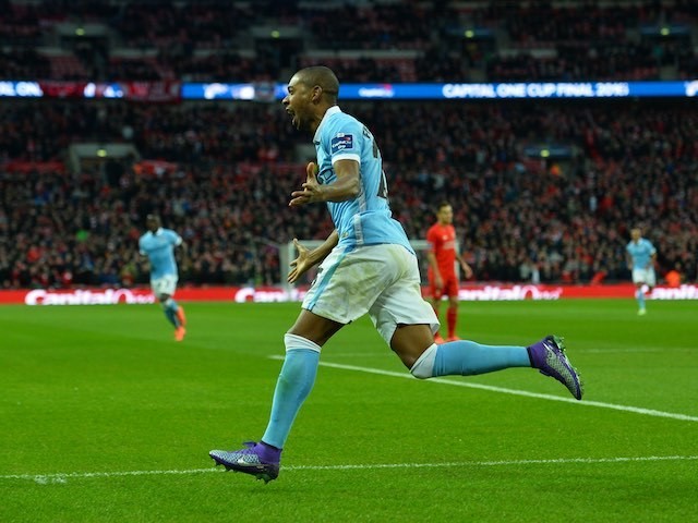 Fernandinho celebrates scoring during the League Cup final between Liverpool and Manchester City on February 28, 2016