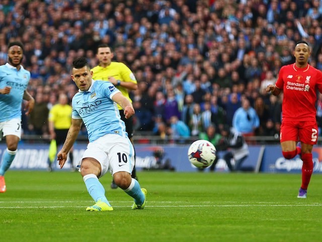 Sergio Aguero has an attempt at goal during the League Cup final between Liverpool and Manchester City on February 28, 2016